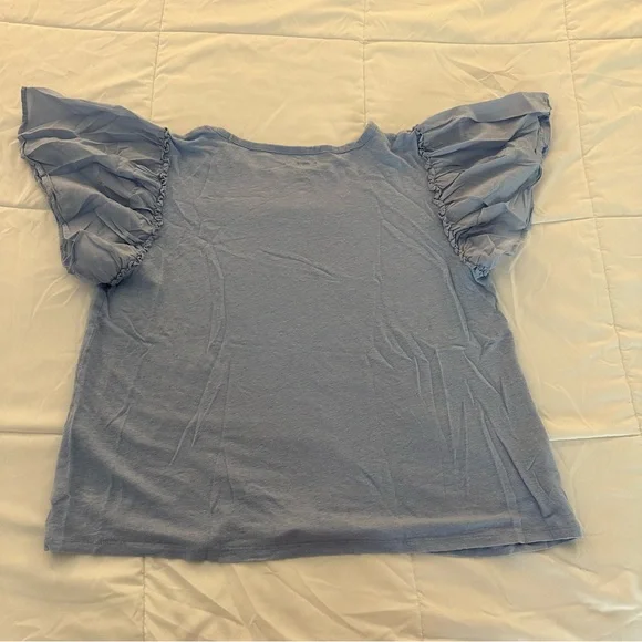 LOFT Mixed Media Flutter Sleeve Soft Linen Top T Shirt in Blue Size L - Picture 3 of 6